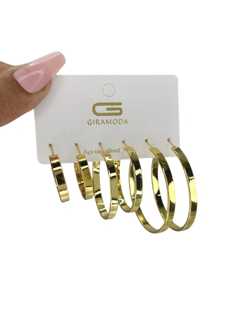 Trio Importado Argola Encaixe Fio Chato em Aço Dourado