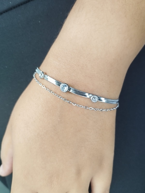 Pulseira Dupla Fita com Pedrinhas em Aço Inox