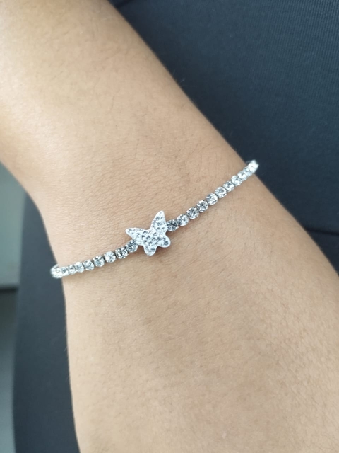 Pulseira Riviera Borboleta Boleada Cravejada em Aço Inox
