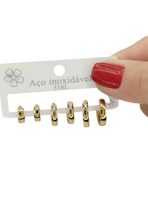 Trio de Argolinha Click Quadrada N2 em Aço Dourado