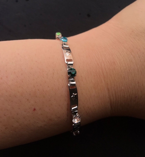 Pulseira Chapa Artisul com Pedras Coloridas em Aço Inox
