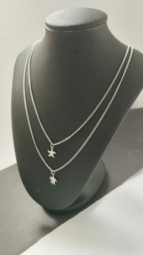 Colar Duplo Estrela do Mar P e Tartaruga em Aço Inox