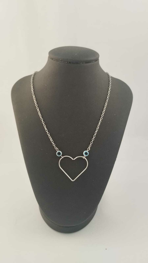 Chocker Aro Coração P e Olho Grego Branco em Aço Inox
