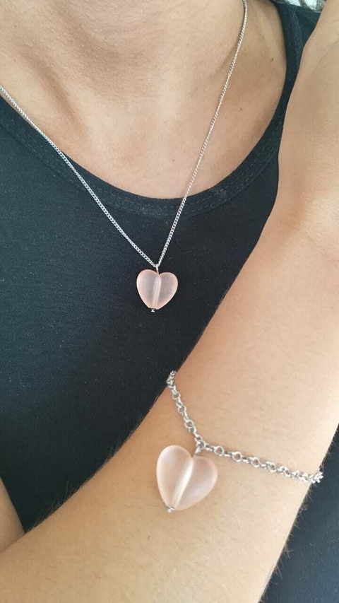 Conjunto Colar e Pulseira Coração Resinado Rose Fosco em Aço Inox