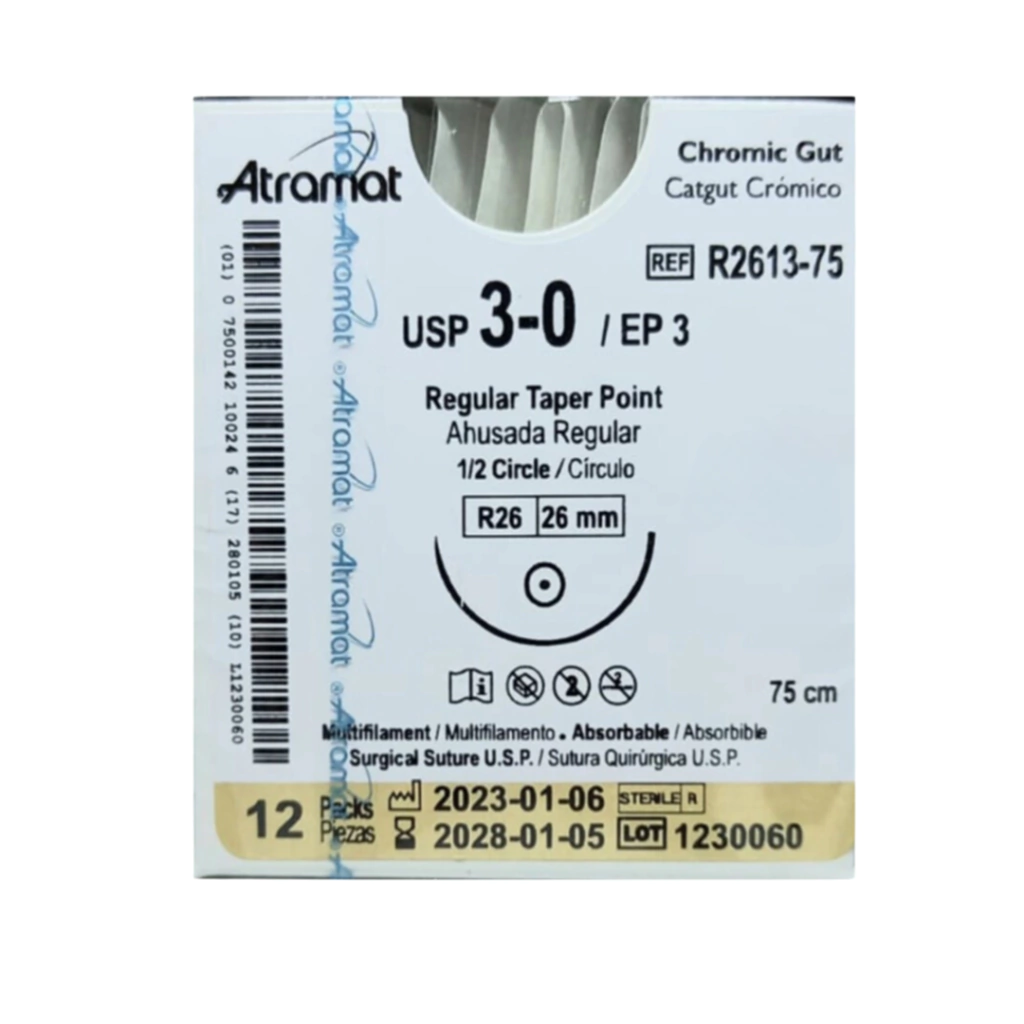 Sutura Catgut Crómico 3-0, Aguja 1/2 círculo ahusada regular 26 mm, Hebra 75 cm, Marca Atramat, Caja con 12 piezas