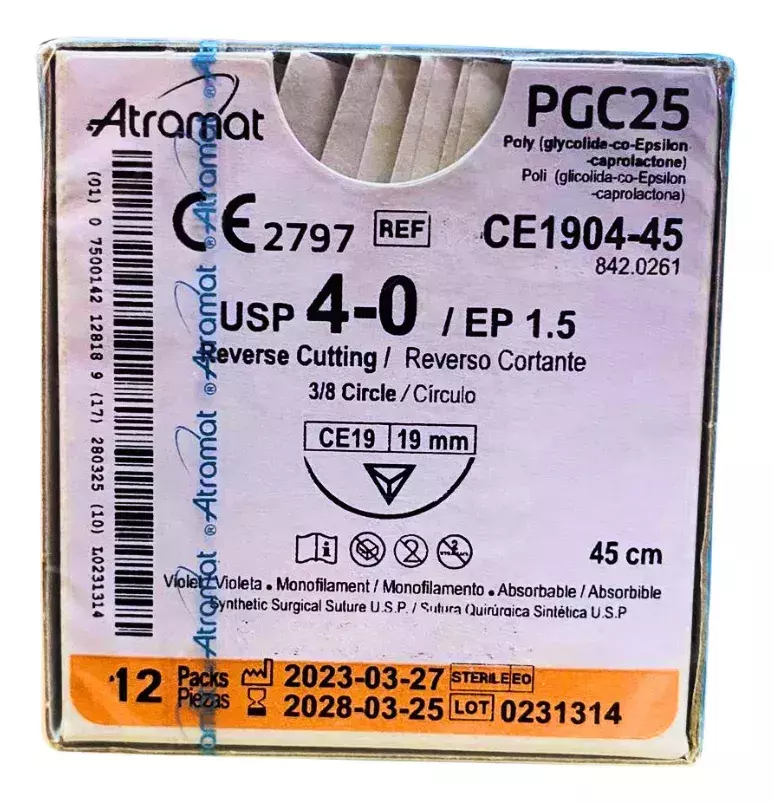 PGC25 4-0 (Monocryl) Aguja Cortante Precisión de 19 mm Hebra 45 CM Atramat CE1904-45 Caja con 12 piezas