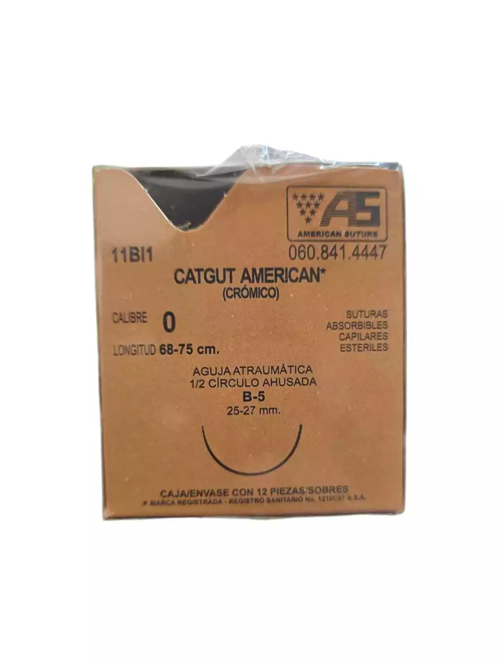 Sutura Catgut Crómico 0, Aguja 1/2 círculo ahusada regular 26 mm, Hebra 75 cm, Marca American Suture, Caja con 12 piezas