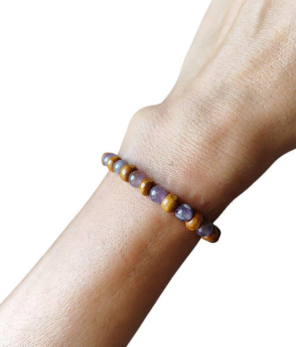 Pulsera Cuentas 6mm Amatista Y Maderitas
