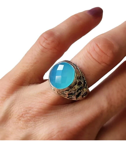 Anillo Ágata Celeste Y Plata 925
