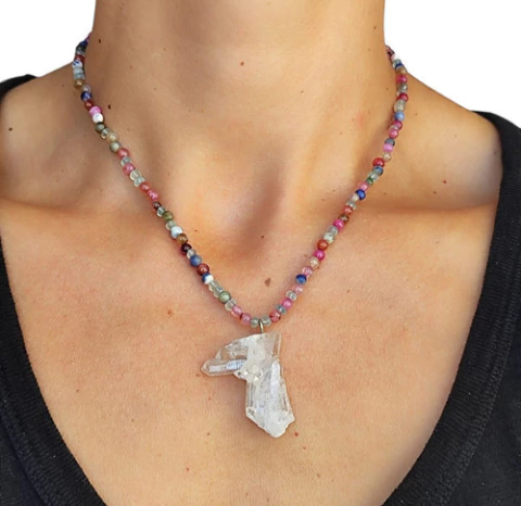 Collar Punta Cuarzo Cristal Aguamarina Cuentas Agatas - comprar online