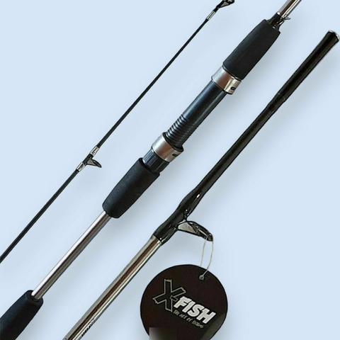 Caña XFish modelo PLATA, 2.10 mts. 2 tramos, maciza, liviana y resistente. Ideal para embarcado y peces grandes