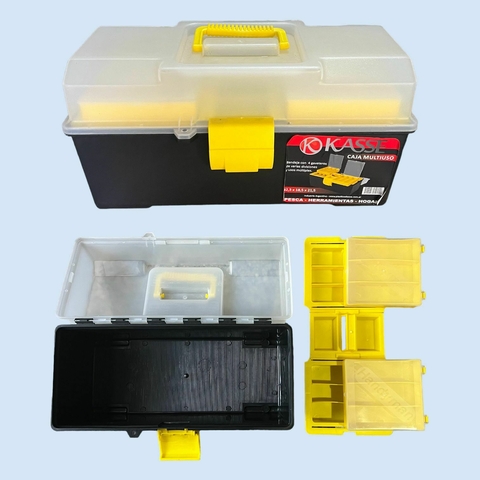 caja kasse de pesca y herramientas, 17,5 - con 4 gaveteros y tapa transparente - bandeja desmontable que incluye varias divisiones, multiples usos, medida: 42.3 x 18.5 x 21,5