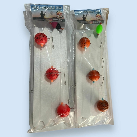 linea m&m para pejerrey, modelo YO YO , 3 boyas, varios colores, polipropileno, tabla polifan
