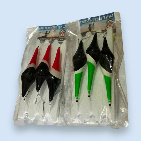 linea m&m para pejerrey, modelo cometa, 3 boyas, varios colores, polipropileno, tabla de polifan