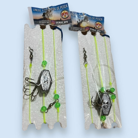 linea M&M para carpas, super reforzada, plomo pasante de 40g, 2 anzuelos triples