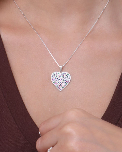 PINGENTE DE PRATA CORAÇÃO CRAVEJADO COLORIDO 21MM - comprar online
