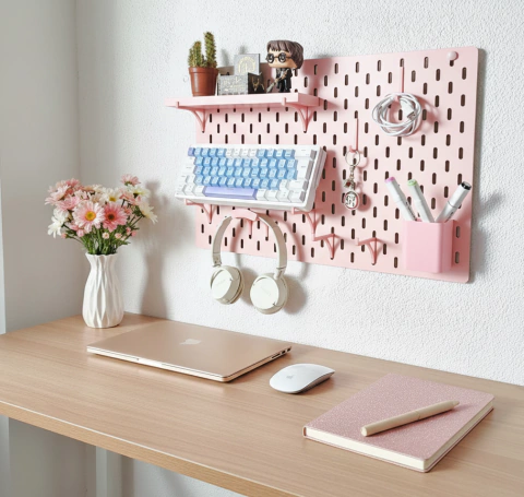 Pegboard Painel Organizador Horizontal Setup Home Office 56x36cm Rosa - comprar online