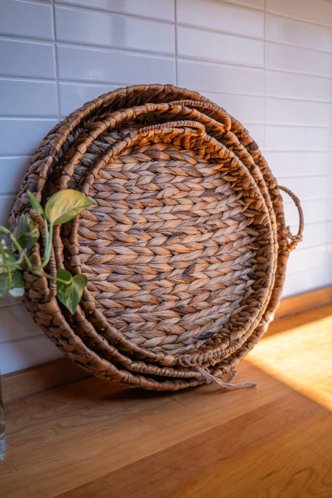 SET OF 3 GUADALUPE JACINTO AND RATTAN METAL TRAYS
