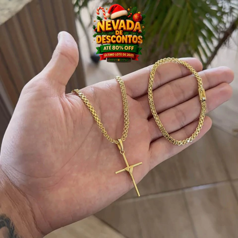 CORRENTE + PULSEIRA CADEADO DUPLO 4MM + PINGENTE CRUZ TRANÇADO - comprar online