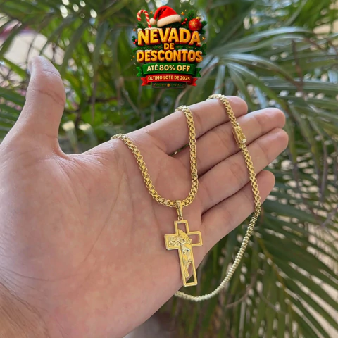 Corrente CADEADO DUPLO 4mm + Pingente CRUZ COM FACE DE CRISTO - comprar online