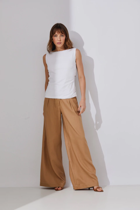 CALÇA AMPLA MEIO CÓS - TAN BROWN