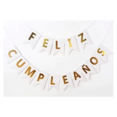 Banderin - Feliz Cumpleaños - Blanco con letras doradas