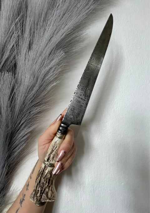 Faca Damasco Lâmina 9,5'' - Chifre de Cervo com Alpaca