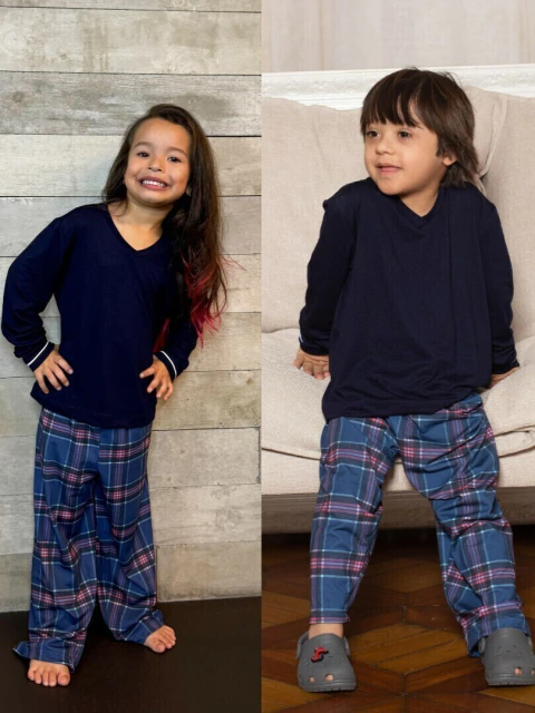 PIJAMA INFANTIL GOLA V MENINO OU MENINA - XADREZ MARINHO - comprar online