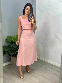 Conjunto de saia mídi com semi Cropped de alça em listras finas de brilho - D’gradê