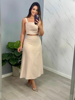 Conjunto de saia mídi com semi Cropped de alça em listras finas de brilho - comprar online
