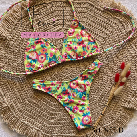 955 D - Bikini triangulo estampada anticloro con colales