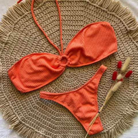 933 Naranja - Bikini top texturada con argolla para atar y colales - comprar online