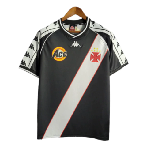 Camisa Vasco da Gama I Retrô 2000 - Kappa Torcedor Masculino - Preta com faixa branca e detalhes em amarelo e vermelho