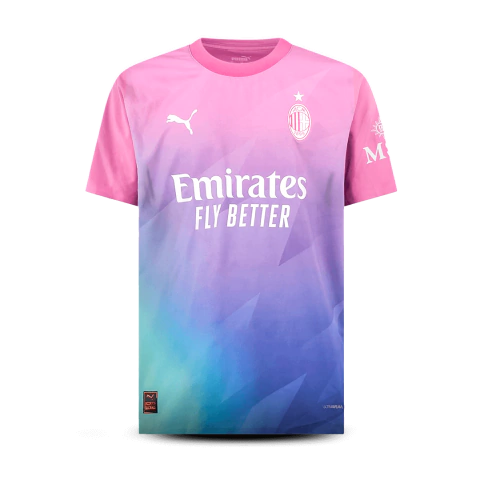 Camisa AC Milan III 23/24 - Torcedor Puma Masculina - Rosa com detalhes em roxo e verde