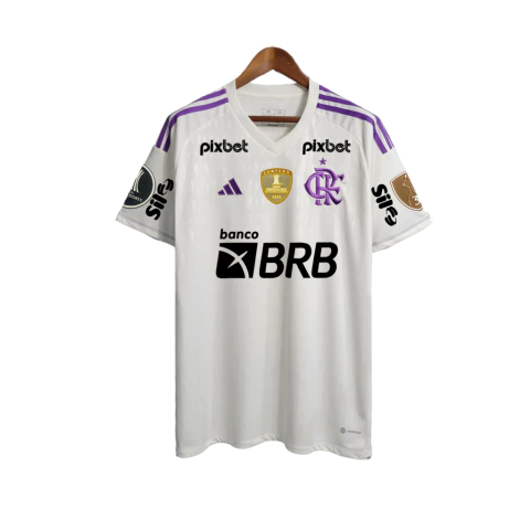 Camisa Flamengo II 23/24 Torcedor Masculina - Branco com detalhes em roxo com todos os patrocínios e patchs