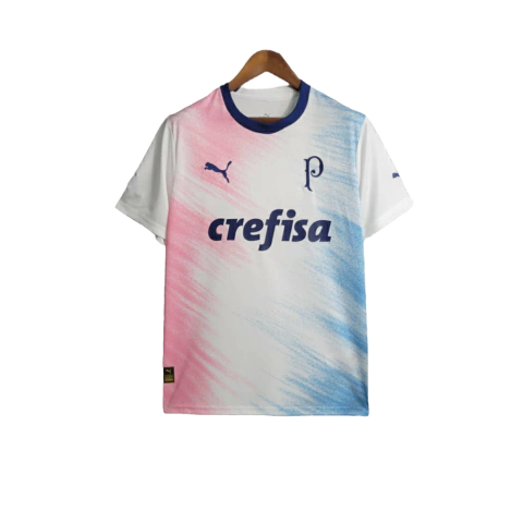 Camisa Palmeiras - Torcedor Puma Masculina - Branca com detalhes em azul e rosa