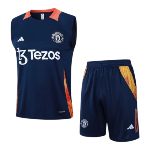 Kit Treino adulto - Camisa e Shorts - Manchester United Adidas 24/25 - Azul com detalhes em amarelo e laranja