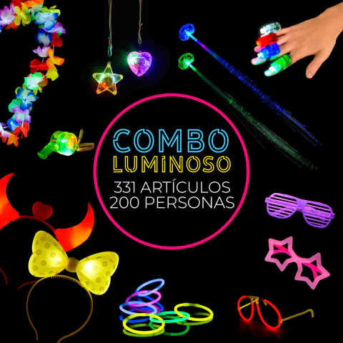 Combo cotillón luminoso 331 artículos LED 200 personas