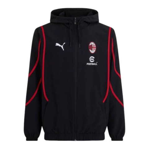 Jaqueta Corta-Vento AC Milan Pré-jogo 24/25 - Preta com detalhes em vermelho