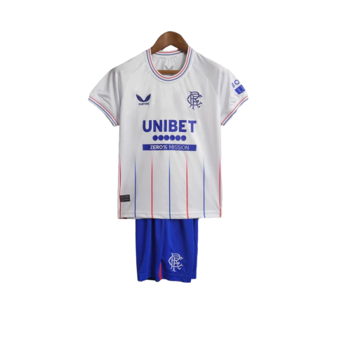 Kit Infatil Rangers Away II Castore 23/24 - Branco com detalhes em azul e vermelho