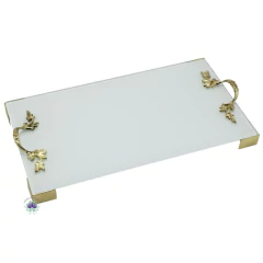 Bandeja Retangular de Vidro Acsa Branca com Pé e Alça Ouro 22x12 (1un)