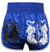 Shorts deportivos muay thai  azules con estampado de calavera y tigres en blanco.