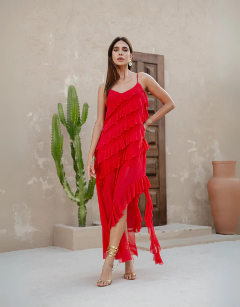 Vestido Tule Fenda Babados - comprar online