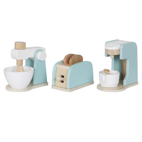 Set de Electrodomésticos de Cocina Infantil Celeste de Madera Didáctico - comprar online