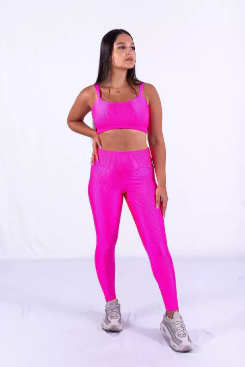 Conjunto Fitness Top Básico e Calça Básica Rosa Neon Canelado