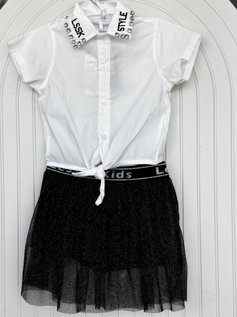 Conjunto Camisete e Saia Tule Preta com Brilho
