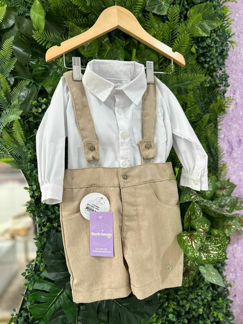 Camisete + Shorts em Linho com Suspensório Infantil
