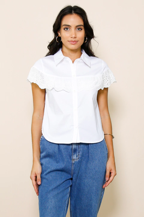 Camisa com Detalhe em Renda Tricoline Parma Off White