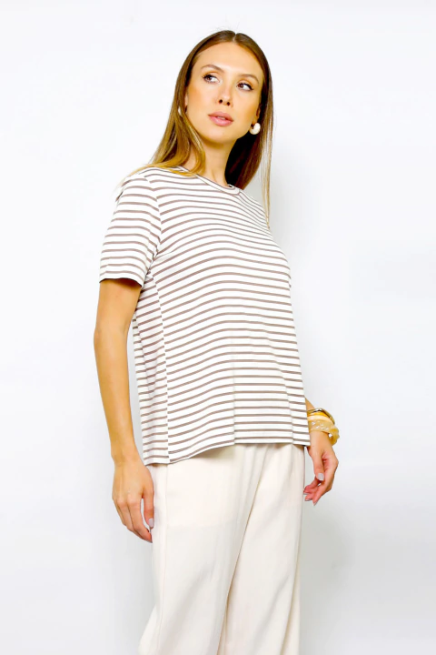 Camiseta Regular Fit Listrada Marrom