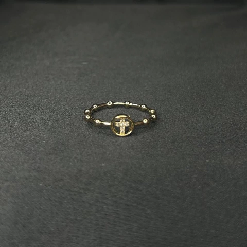 Anel Folheado a Ouro Bolinha c/Cruz Central Cravejada